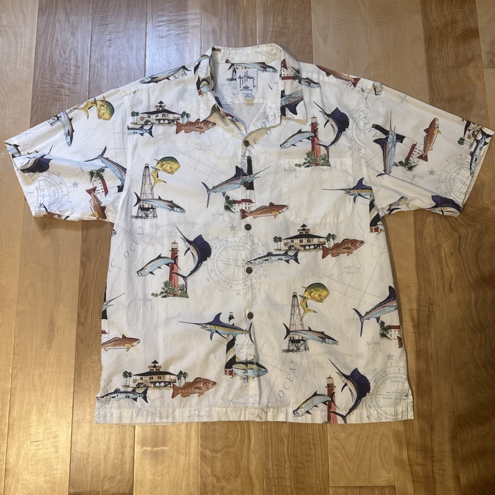 Guy Harvey AFTCO Bluewater Fishing Hawaiian Camp Shirt XL Fish Marlin Cotton